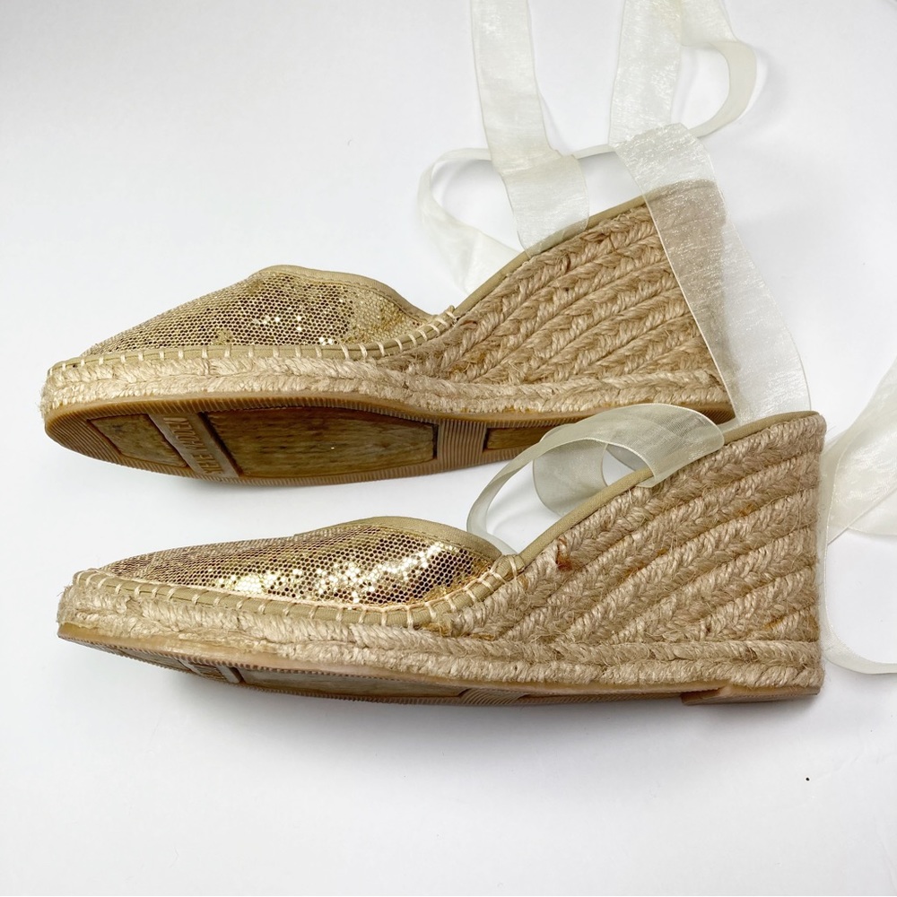 Steve Madden Boca Ankle Tie Gold Glitter Toe Rope Wedge - Picture 6 of 11